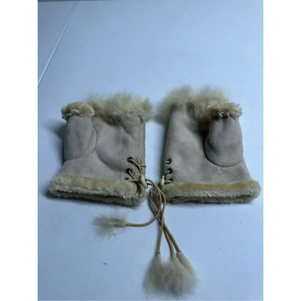Women’s Faux Suede Fingerless Gloves Tan Beige One Size Rabbit Fur Trim Lace Up